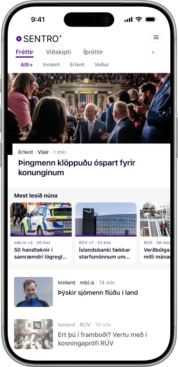 Skjámynd af Sentro appinu á iPhone.